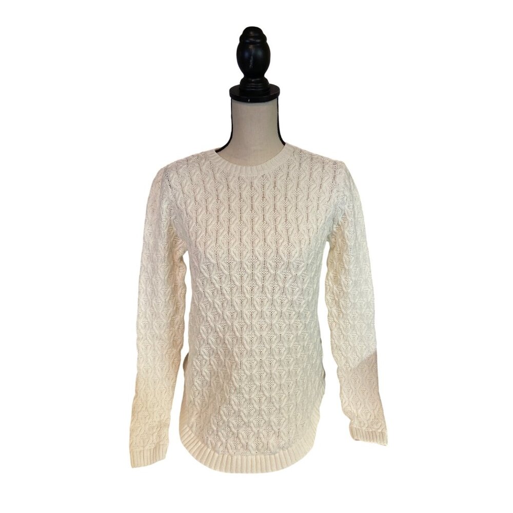Jeanne Pierre Womens Sweater Small Cable Knit Ivory Crew Neck Preppy Fisherman